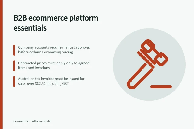 B2B ecommerce platform essentials: Company accounts require manual approval before ordering or viewing pricing; Contracted prices must apply only to agreed items and locations; Australian tax invoices must be issued for sales over $82.50 including GST. B2B ecommerce platform features