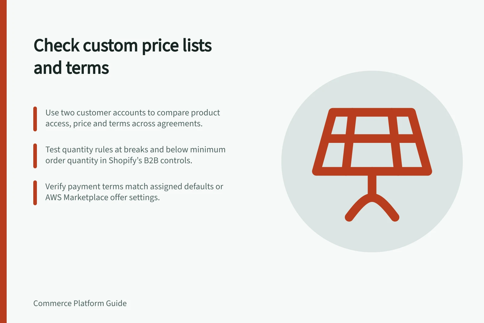 Check custom price lists and terms: Use two customer accounts to compare product access, price and terms across agreements.; Test quantity rules at breaks and below minimum order quantity in Shopify’s B2B controls.; Verify payment terms match assigned defaults or AWS Marketplace offer settings.