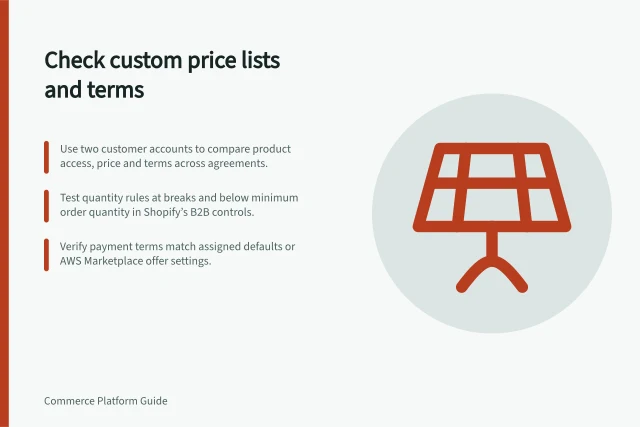 Check custom price lists and terms: Use two customer accounts to compare product access, price and terms across agreements.; Test quantity rules at breaks and below minimum order quantity in Shopify’s B2B controls.; Verify payment terms match assigned defaults or AWS Marketplace offer settings. Checking custom price lists and negotiated terms