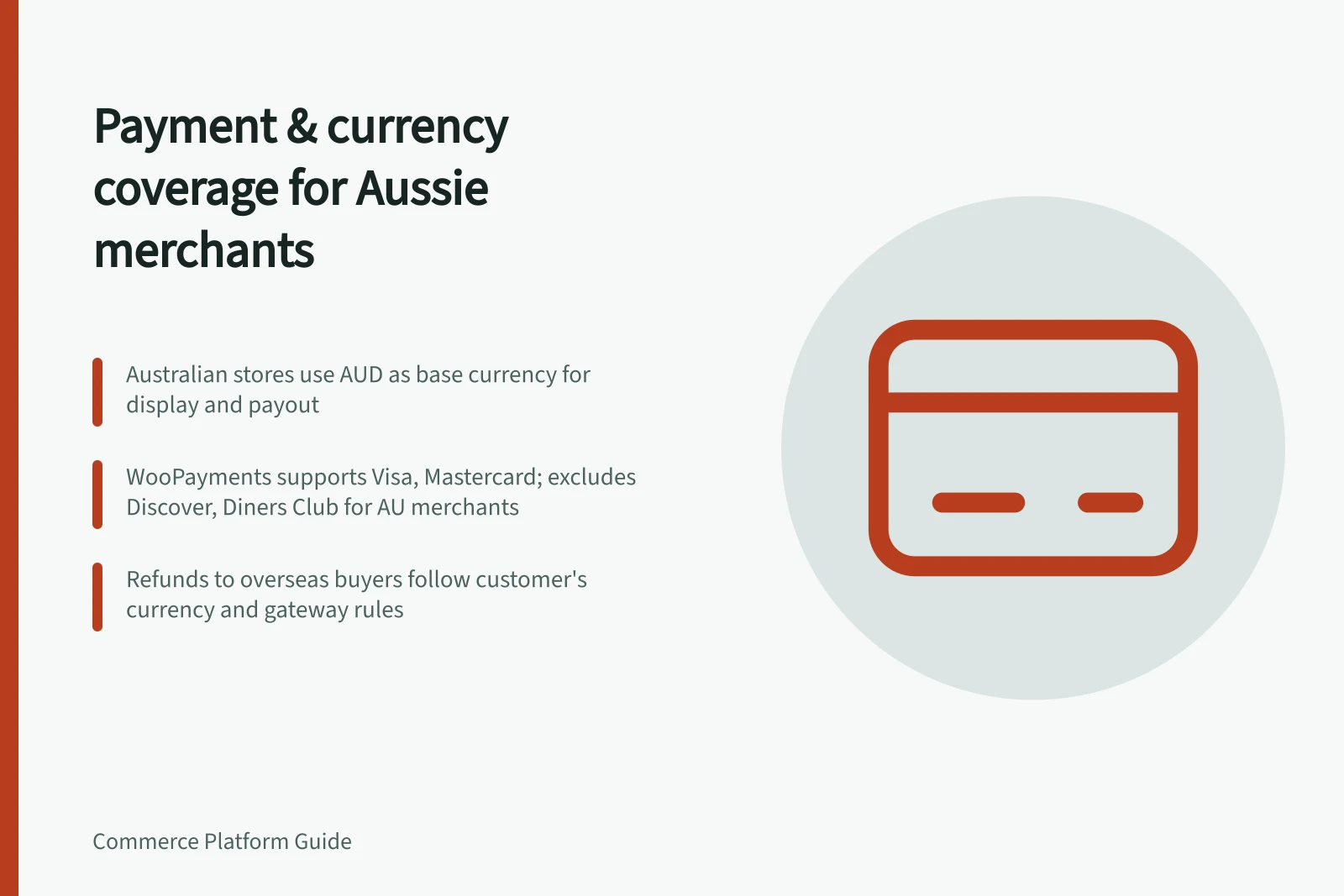 Payment & currency coverage for Aussie merchants: Australian stores use AUD as base currency for display and payout; WooPayments supports Visa, Mastercard; excludes Discover, Diners Club for AU merchants; Refunds to overseas buyers follow customer's currency and gateway rules