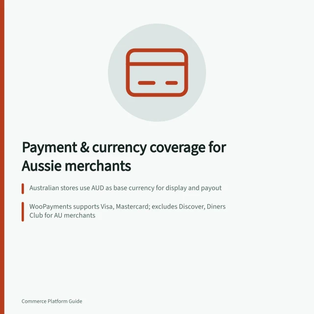 Payment & currency coverage for Aussie merchants: Australian stores use AUD as base currency for display and payout; WooPayments supports Visa, Mastercard; excludes Discover, Diners Club for AU merchants; Refunds to overseas buyers follow customer's currency and gateway rules. Checking payment and currency coverage for Australian merchants