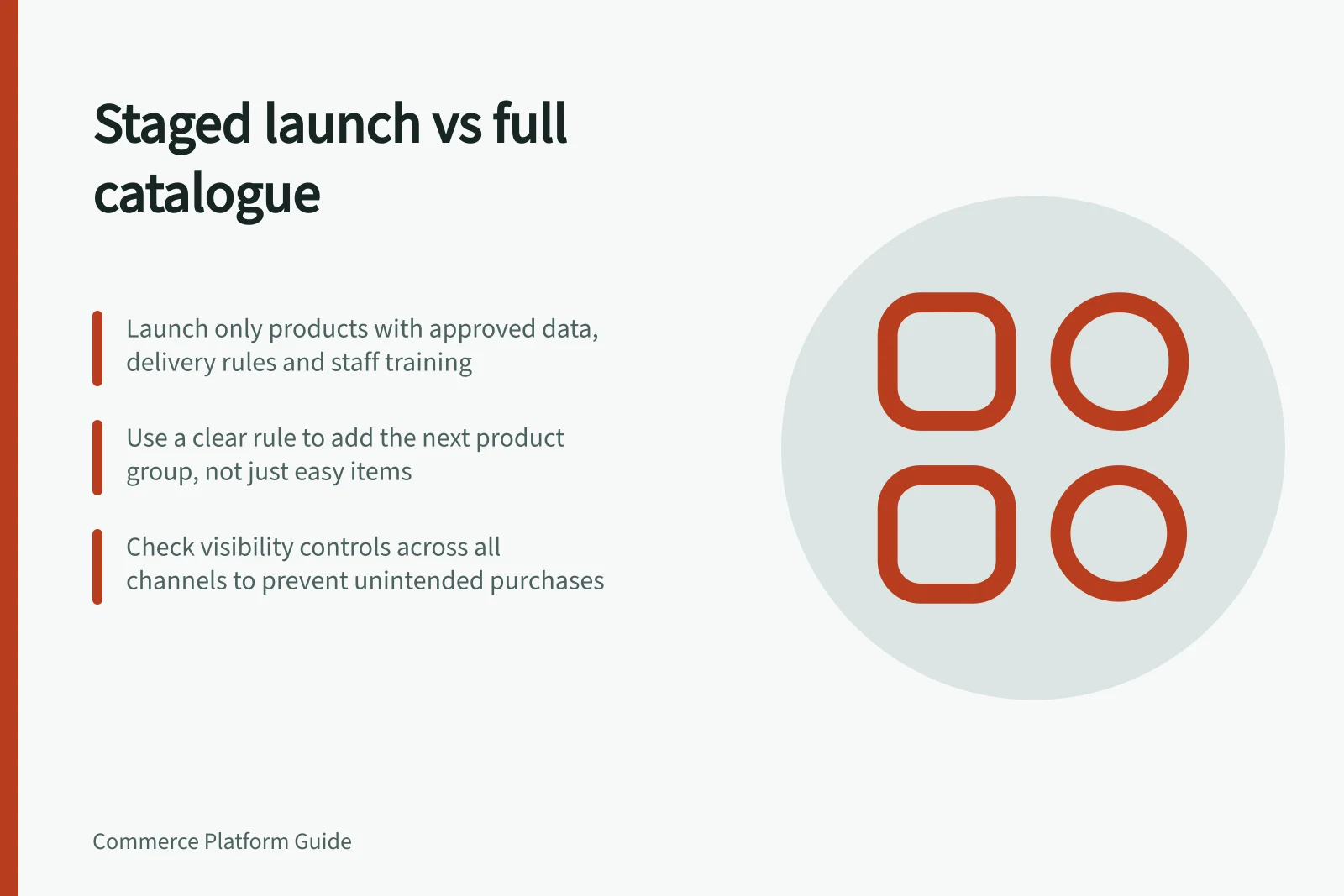 Staged launch vs full catalogue: Launch only products with approved data, delivery rules and staff training; Use a clear rule to add the next product group, not just easy items; Check visibility controls across all channels to prevent unintended purchases