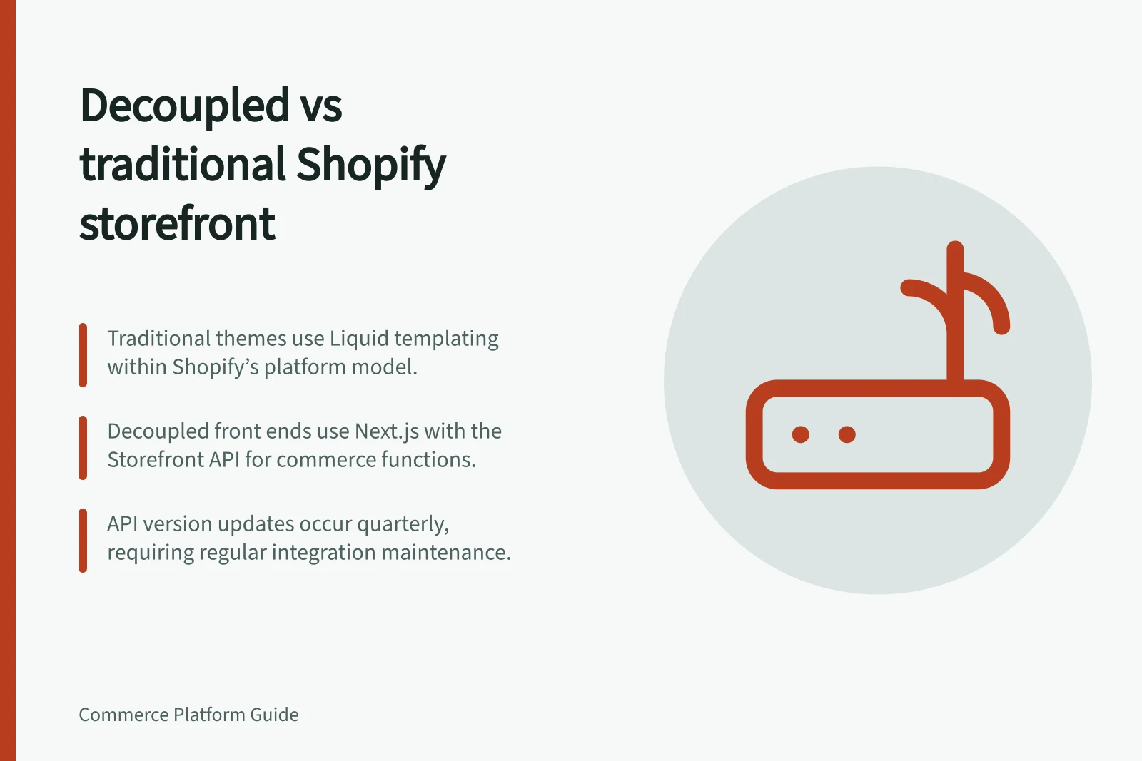 Decoupled vs traditional Shopify storefront: Traditional themes use Liquid templating within Shopify’s platform model.; Decoupled front ends use Next.js with the Storefront API for commerce functions.; API version updates occur quarterly, requiring regular integration maintenance.