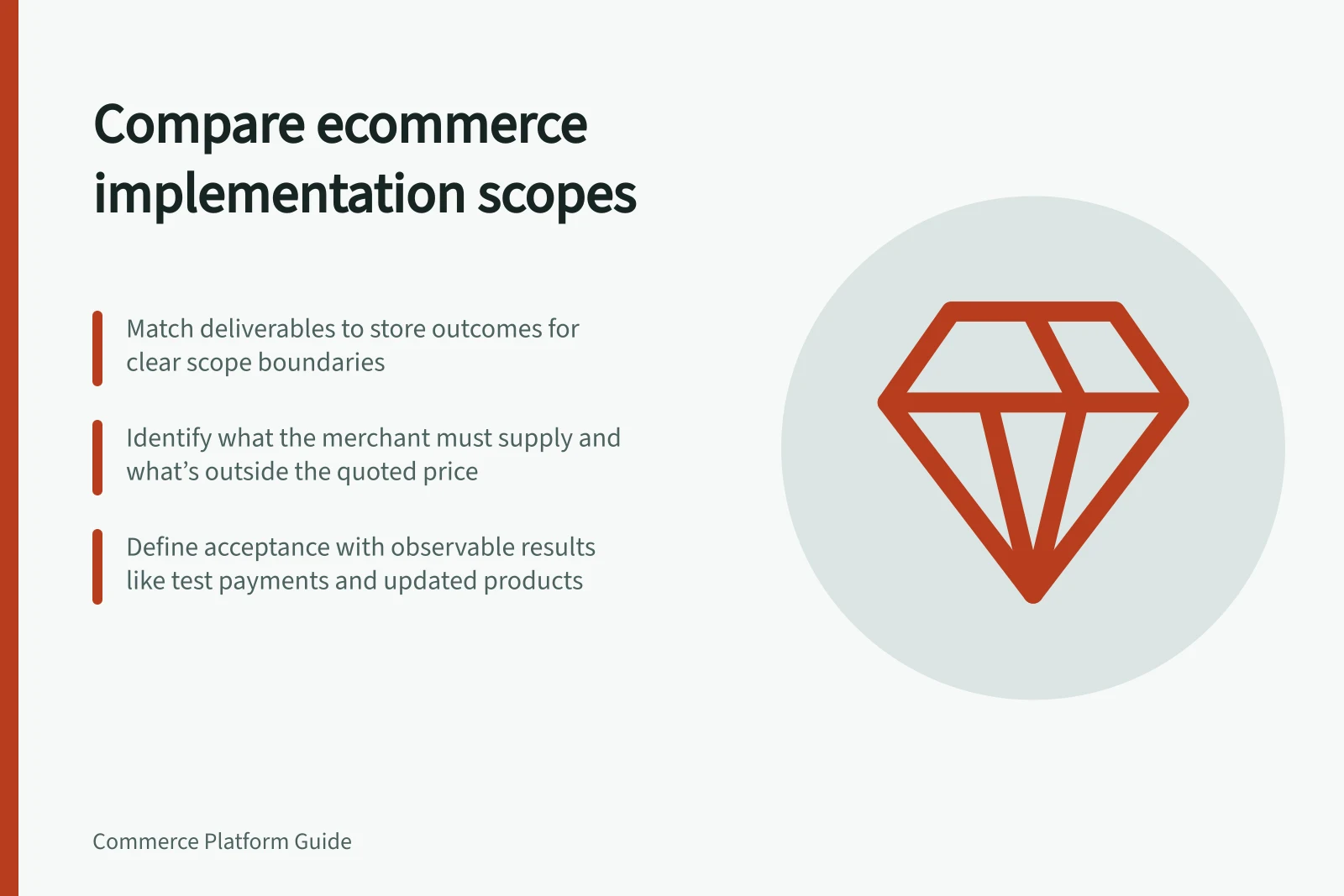 Compare ecommerce implementation scopes: Match deliverables to store outcomes for clear scope boundaries; Identify what the merchant must supply and what’s outside the quoted price; Define acceptance with observable results like test payments and updated products