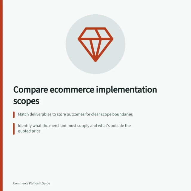 Compare ecommerce implementation scopes: Match deliverables to store outcomes for clear scope boundaries; Identify what the merchant must supply and what’s outside the quoted price; Define acceptance with observable results like test payments and updated products. Comparing implementation proposals by scope