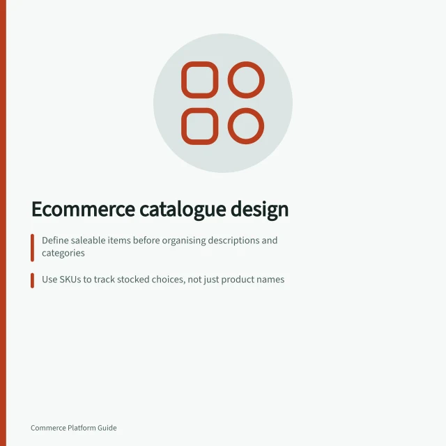 Ecommerce catalogue design: Define saleable items before organising descriptions and categories; Use SKUs to track stocked choices, not just product names; Map each field to its use across channels like web and mobile. Ecommerce catalogue architecture