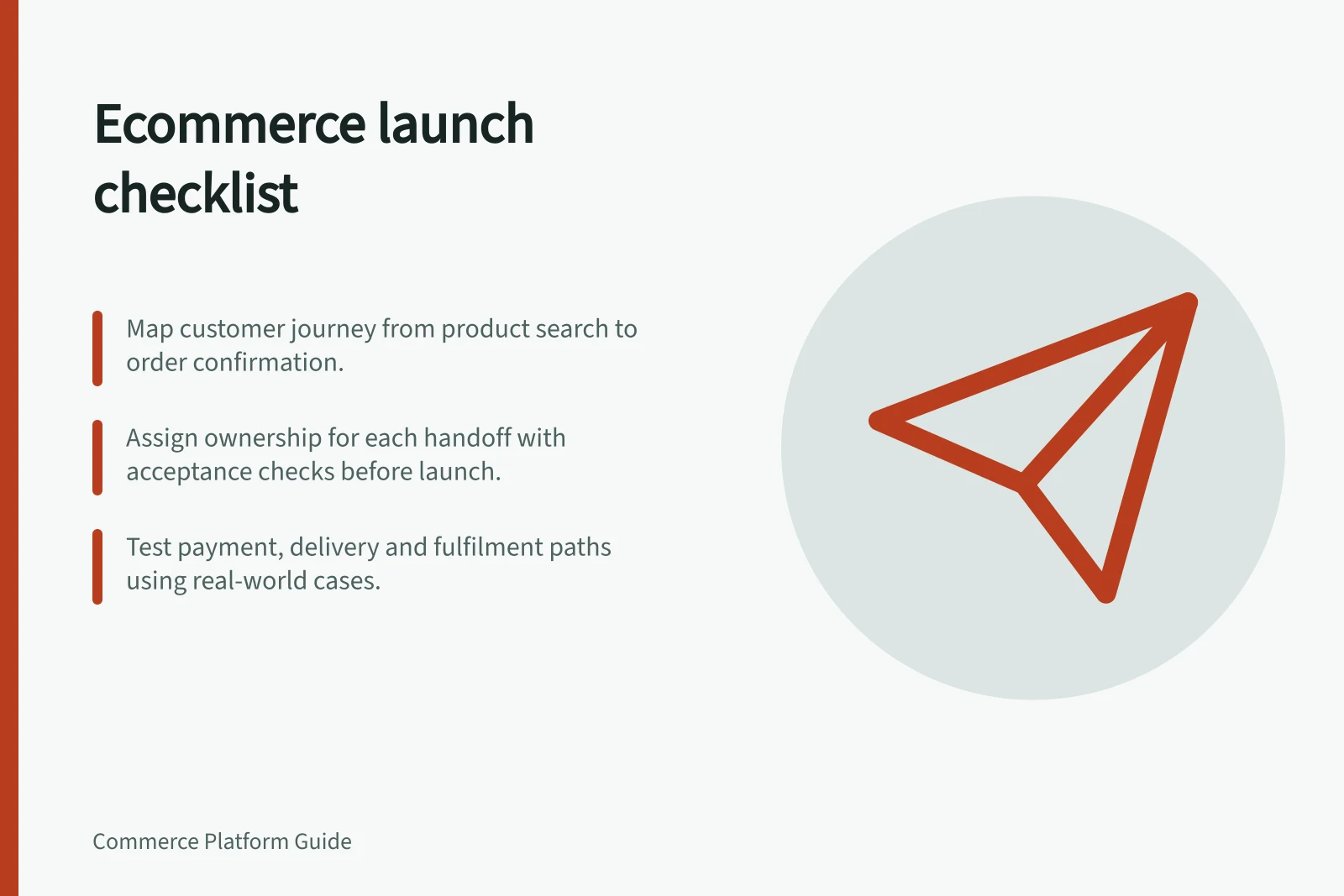 Ecommerce launch checklist: Map customer journey from product search to order confirmation.; Assign ownership for each handoff with acceptance checks before launch.; Test payment, delivery and fulfilment paths using real-world cases.