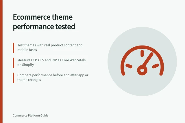 Ecommerce theme performance tested: Test themes with real product content and mobile tasks; Measure LCP, CLS and INP as Core Web Vitals on Shopify; Compare performance before and after app or theme changes. Ecommerce themes and storefront performance