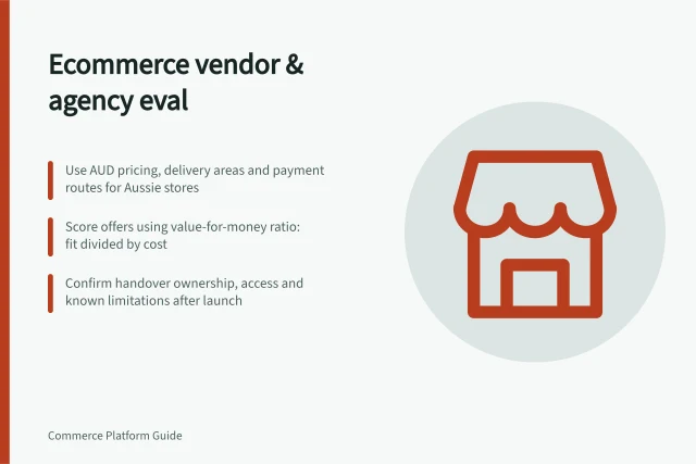 Ecommerce vendor & agency eval: Use AUD pricing, delivery areas and payment routes for Aussie stores; Score offers using value-for-money ratio: fit divided by cost; Confirm handover ownership, access and known limitations after launch. Ecommerce vendor and agency evaluation