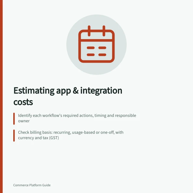 Estimating app & integration costs: Identify each workflow's required actions, timing and responsible owner; Check billing basis: recurring, usage-based or one-off, with currency and tax (GST); Separate one-off setup (mapping, training) from ongoing subscriptions and support. Estimating app and integration costs before launch