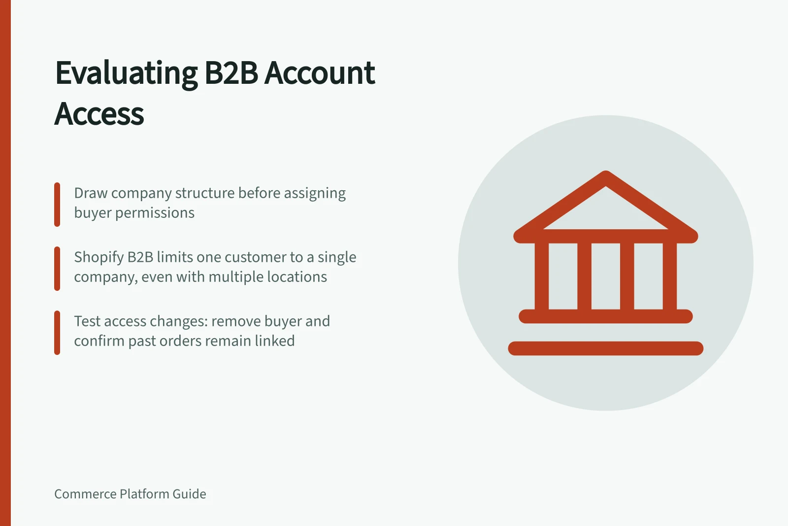 Evaluating B2B Account Access: Draw company structure before assigning buyer permissions; Shopify B2B limits one customer to a single company, even with multiple locations; Test access changes: remove buyer and confirm past orders remain linked