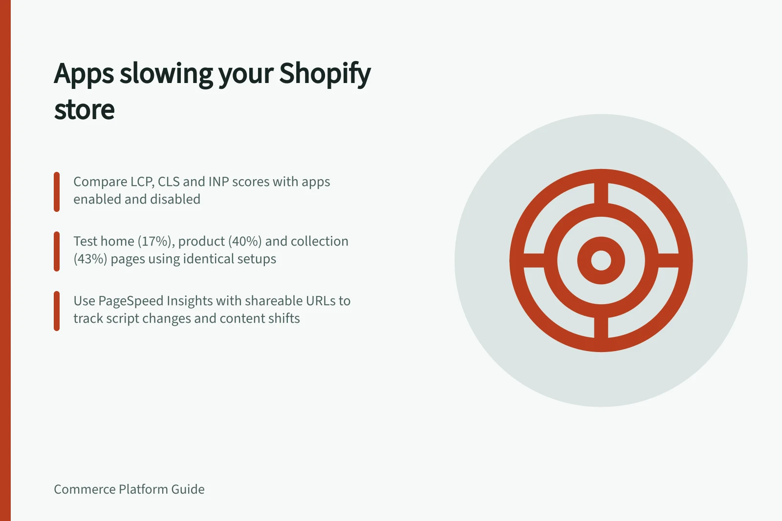 Apps slowing your Shopify store: Compare LCP, CLS and INP scores with apps enabled and disabled; Test home (17%), product (40%) and collection (43%) pages using identical setups; Use PageSpeed Insights with shareable URLs to track script changes and content shifts