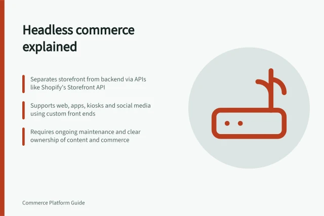Headless commerce explained: Separates storefront from backend via APIs like Shopify's Storefront API; Supports web, apps, kiosks and social media using custom front ends; Requires ongoing maintenance and clear ownership of content and commerce. Headless commerce