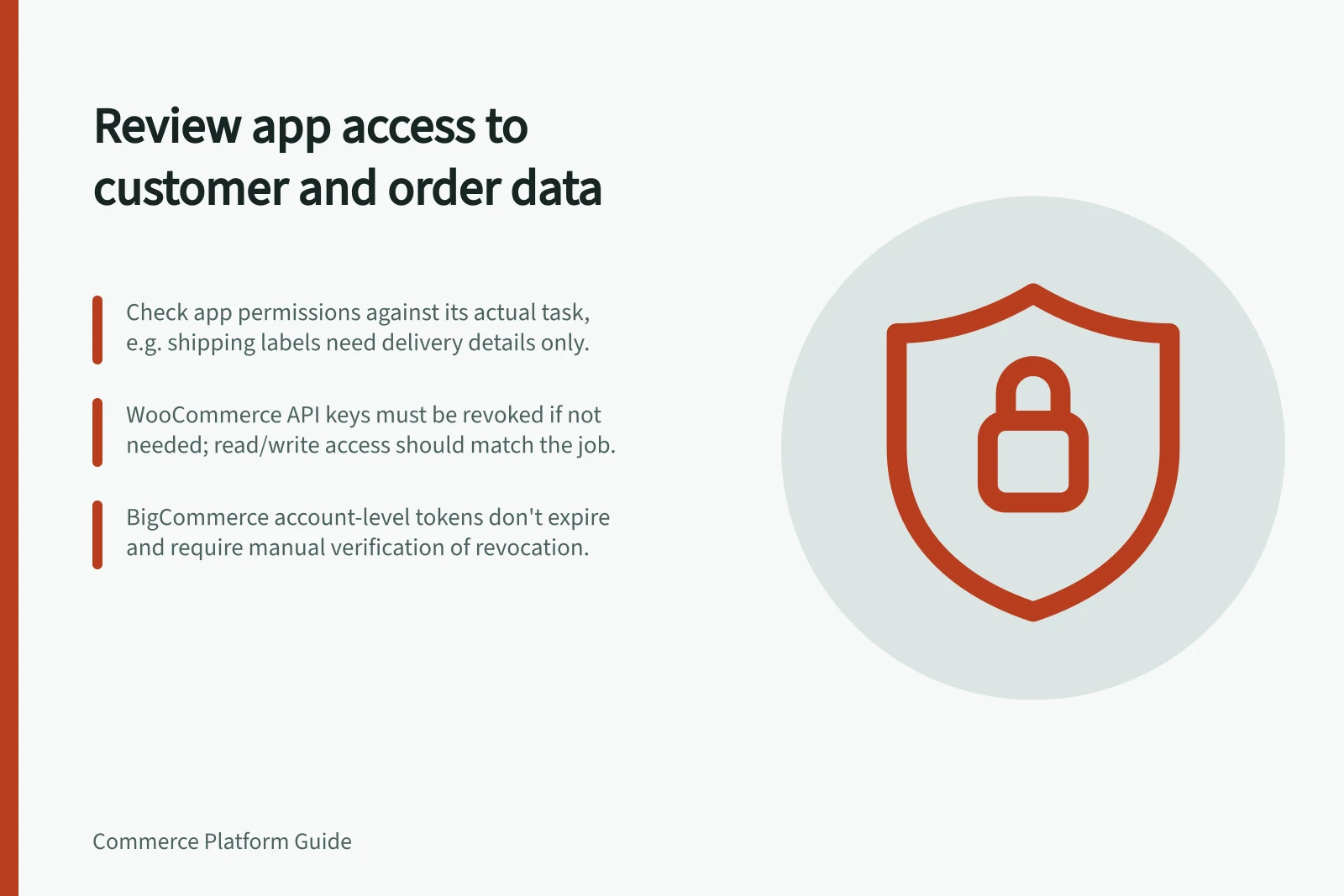 Review app access to customer and order data: Check app permissions against its actual task, e.g. shipping labels need delivery details only.; WooCommerce API keys must be revoked if not needed; read/write access should match the job.; BigCommerce account-level tokens don't expire and require manual verification of revocation.