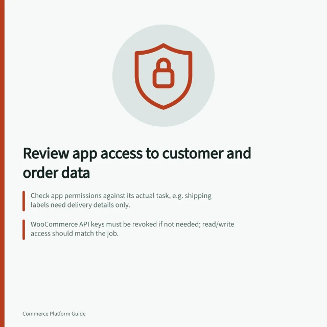 Review app access to customer and order data: Check app permissions against its actual task, e.g. shipping labels need delivery details only.; WooCommerce API keys must be revoked if not needed; read/write access should match the job.; BigCommerce account-level tokens don't expire and require manual verification of revocation. Reviewing app access to customer and order data