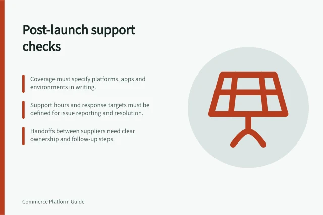 Post-launch support checks: Coverage must specify platforms, apps and environments in writing.; Support hours and response targets must be defined for issue reporting and resolution.; Handoffs between suppliers need clear ownership and follow-up steps. Reviewing post-launch support arrangements