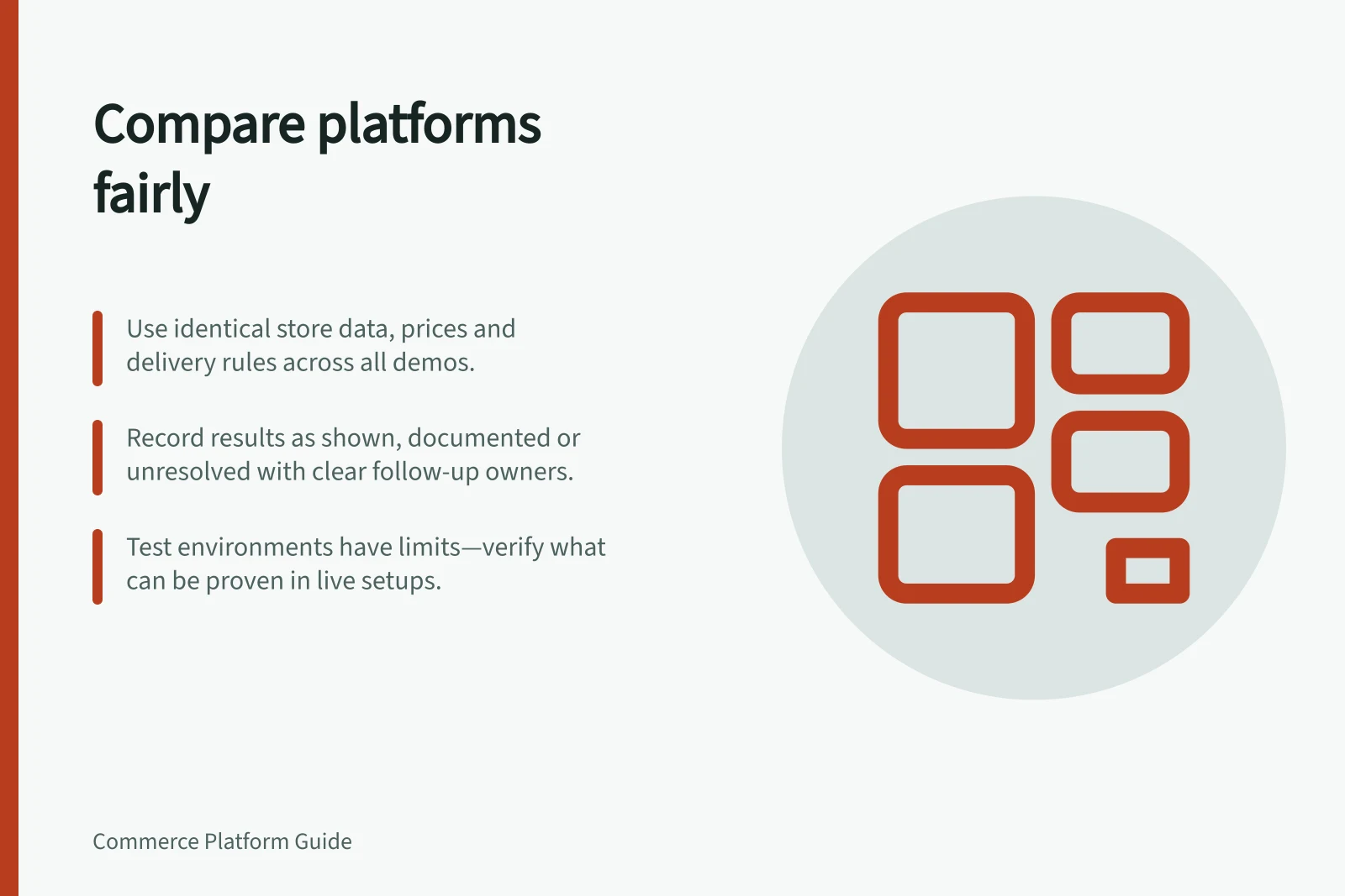 Compare platforms fairly: Use identical store data, prices and delivery rules across all demos.; Record results as shown, documented or unresolved with clear follow-up owners.; Test environments have limits—verify what can be proven in live setups.