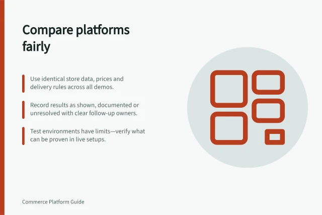 Compare platforms fairly: Use identical store data, prices and delivery rules across all demos.; Record results as shown, documented or unresolved with clear follow-up owners.; Test environments have limits—verify what can be proven in live setups. Running the same store scenario in several platform demos