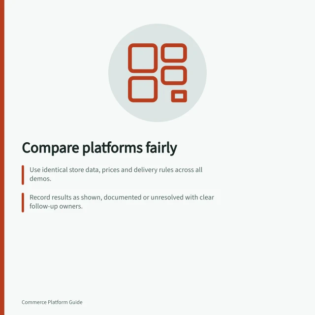 Compare platforms fairly: Use identical store data, prices and delivery rules across all demos.; Record results as shown, documented or unresolved with clear follow-up owners.; Test environments have limits—verify what can be proven in live setups. Running the same store scenario in several platform demos