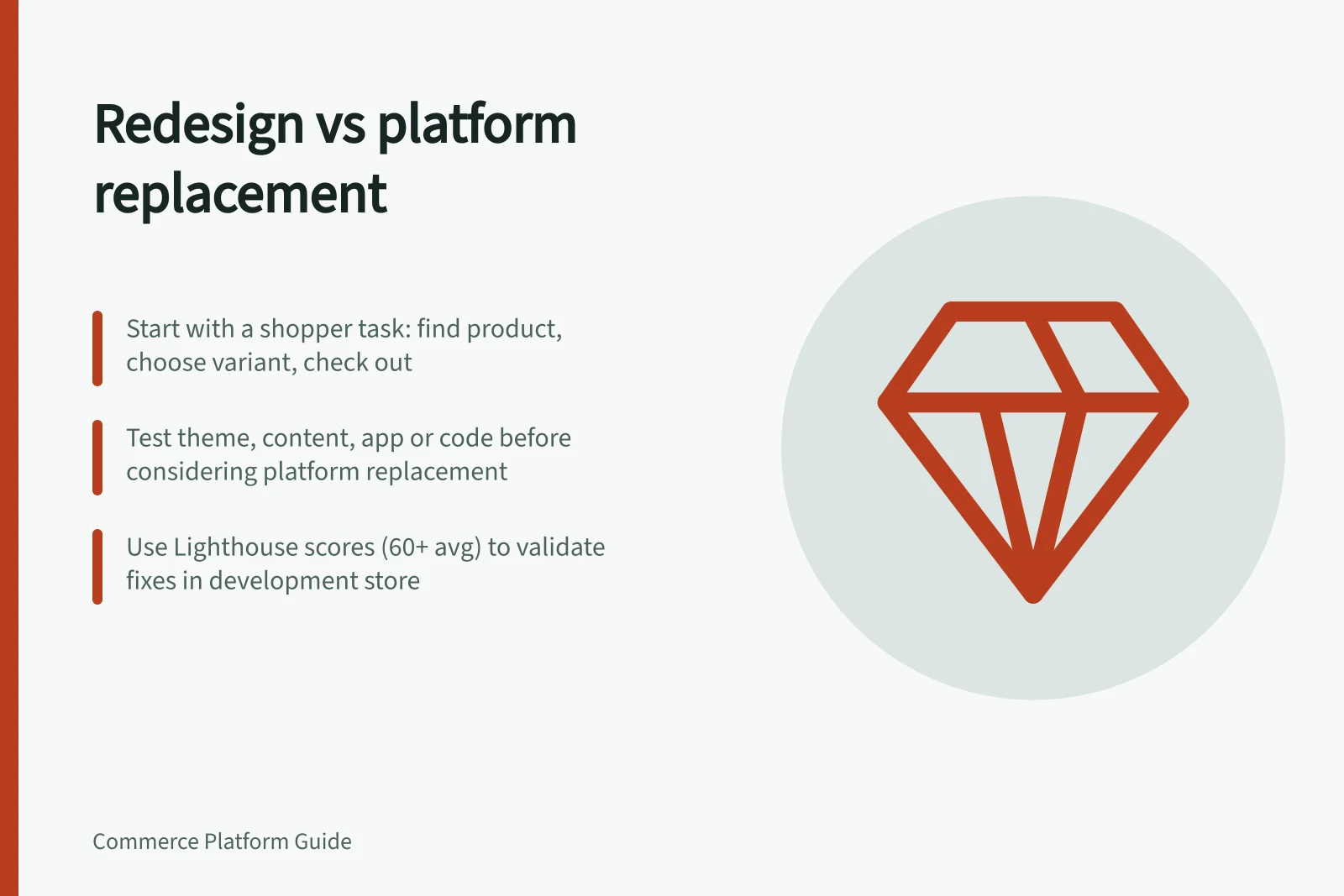 Redesign vs platform replacement: Start with a shopper task: find product, choose variant, check out; Test theme, content, app or code before considering platform replacement; Use Lighthouse scores (60+ avg) to validate fixes in development store