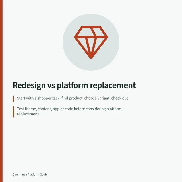 Redesign vs platform replacement: Start with a shopper task: find product, choose variant, check out; Test theme, content, app or code before considering platform replacement; Use Lighthouse scores (60+ avg) to validate fixes in development store. Separating visual redesign from platform replacement