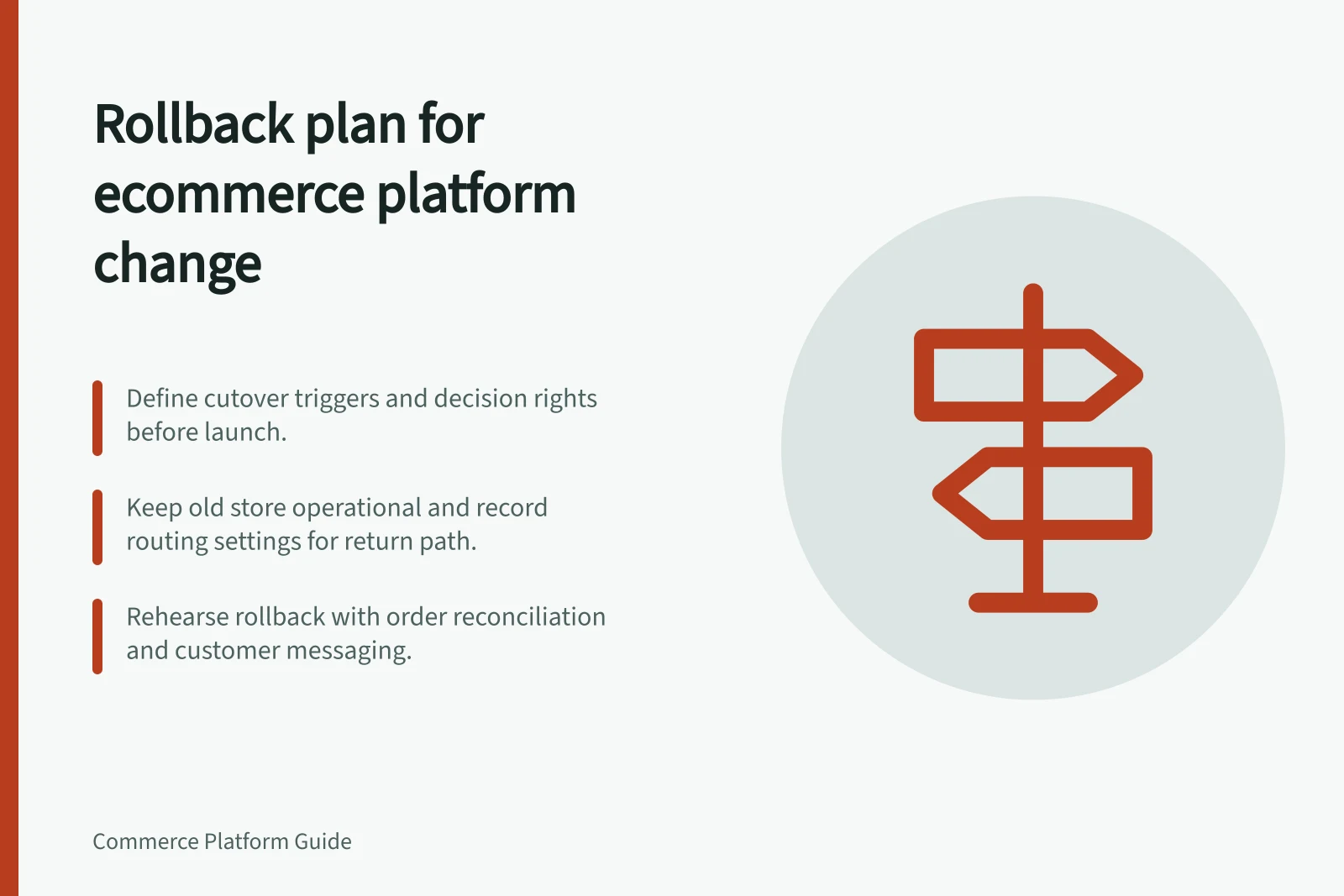 Rollback plan for ecommerce platform change: Define cutover triggers and decision rights before launch.; Keep old store operational and record routing settings for return path.; Rehearse rollback with order reconciliation and customer messaging.