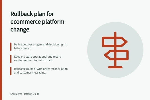 Rollback plan for ecommerce platform change: Define cutover triggers and decision rights before launch.; Keep old store operational and record routing settings for return path.; Rehearse rollback with order reconciliation and customer messaging. Setting a rollback plan for an ecommerce platform change
