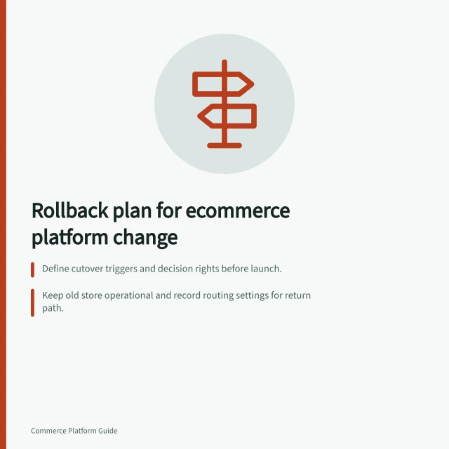 Rollback plan for ecommerce platform change: Define cutover triggers and decision rights before launch.; Keep old store operational and record routing settings for return path.; Rehearse rollback with order reconciliation and customer messaging. Setting a rollback plan for an ecommerce platform change