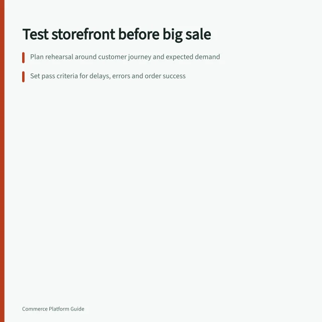 Test storefront before big sale: Plan rehearsal around customer journey and expected demand; Set pass criteria for delays, errors and order success; Run controlled test with live-like traffic and monitor key steps. Testing a storefront before a high-traffic promotion
