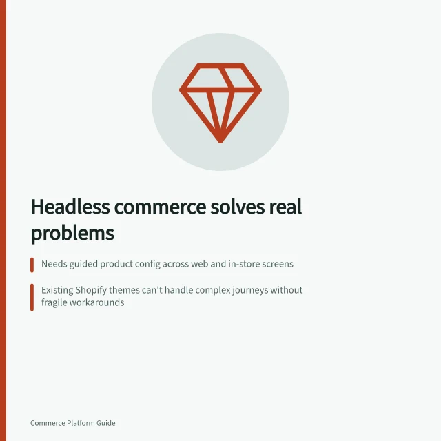 Headless commerce solves real problems: Needs guided product config across web and in-store screens; Existing Shopify themes can't handle complex journeys without fragile workarounds; Front end must handle failed data fetches and show safe unavailable states. When headless commerce solves a real business problem